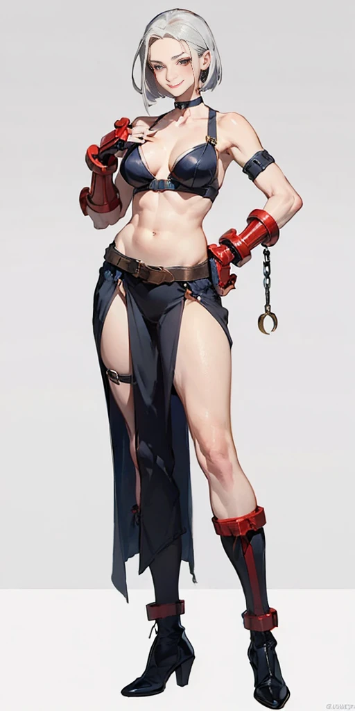 ((Plain background 1:2)) (Cammy White Street Fighter 6 with white silver short bob haircut) Female full body standing straight symmetrical loincloth feet together with Footless Tights, huge belt around waistline (choker, bracers, handcuffs, shackles, rereb...