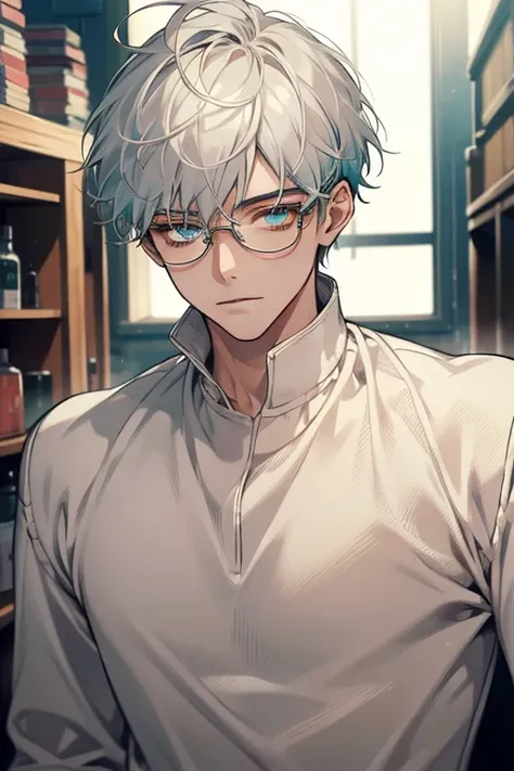 ((Masterpiece, Highest Quality)), Detailed Face, 1boy, young boy, white sweater, turquoise eyes, (((Top Quality))), Short hair, Shaved whiskey,Spits, white colored hair, Stylish glasses