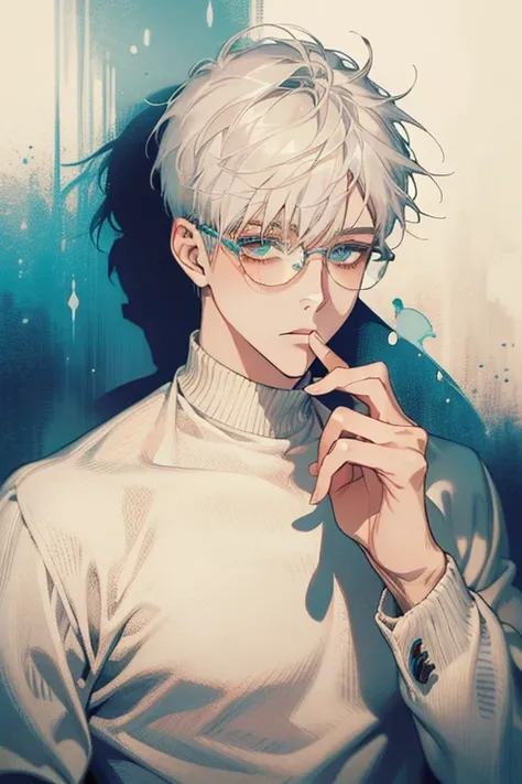 ((Masterpiece, Highest Quality)), Detailed Face, 1boy, young boy, white sweater, turquoise eyes, (((Top Quality))), Short hair, Shaved whiskey,Spits, white colored hair, Stylish glasses