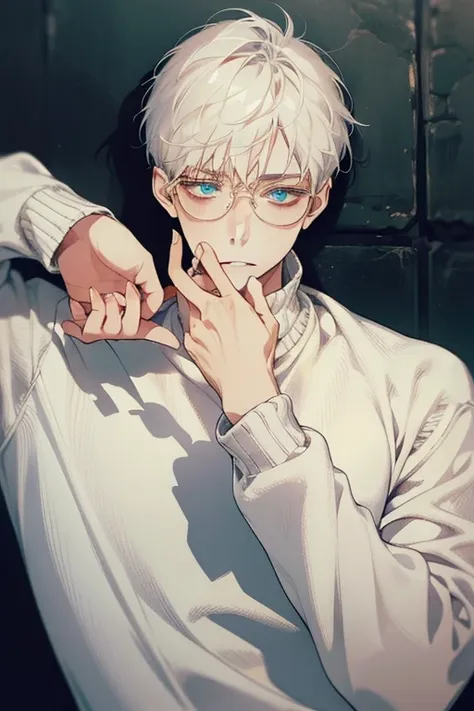 ((Masterpiece, Highest Quality)), Detailed Face, 1boy, young boy, white sweater, turquoise eyes, (((Top Quality))), Short hair, Shaved whiskey,Spits, white colored hair, Stylish glasses