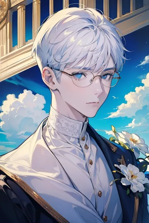 ((Masterpiece, Highest Quality)), Detailed Face, 1boy, young boy, white sweater, turquoise eyes, (((Top Quality))), Short hair, Shaved whiskey,Spits, white colored hair, Stylish glasses