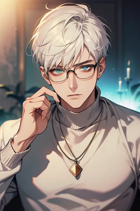 ((Masterpiece, Highest Quality)), Detailed Face, male, white sweater, turquoise eyes, (((Top Quality))), Short hair, Shaved whiskey,Spits, white colored hair, Stylish glasses