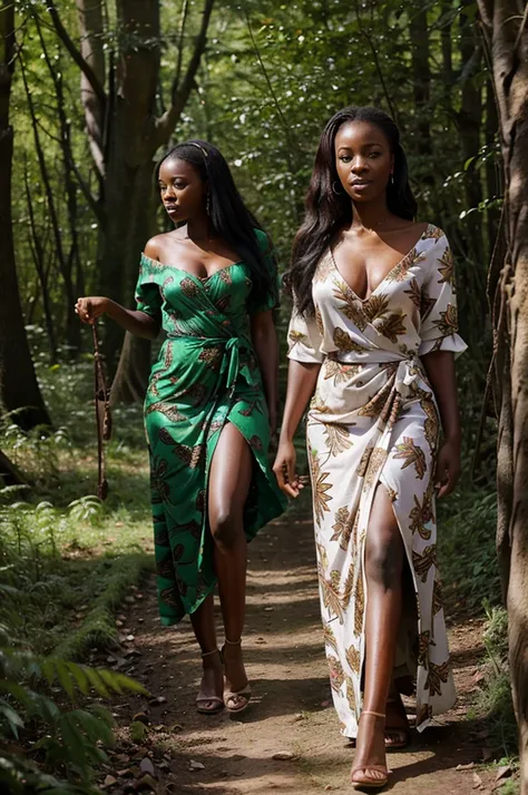 Belle femme congolaise dans une forêt devant un ruisseau portant une robe moulante en pagne africain ultra réaliste 