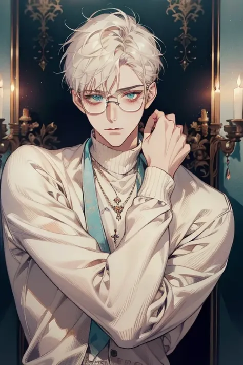 ((Masterpiece, Highest Quality)), Detailed Face, male, white sweater, turquoise eyes, (((Top Quality))), Short hair, Shaved whiskey,Spits, white colored hair, Stylish glasses