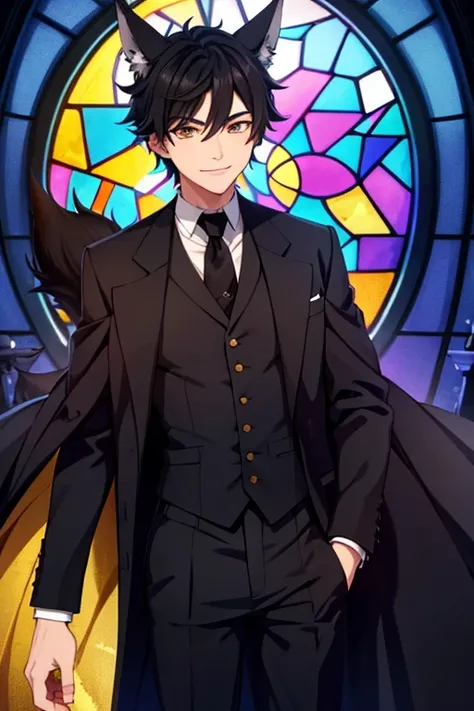 A black haired male student with golden eyes and black fox ears and a black fox tail in a Victorian suit is smiling in front of a stained glass kingdom