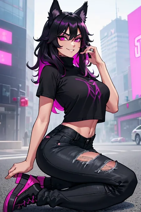 female, black long hair with magenta highlights, silver eyes, black wolf ears, black wolf tail (((1girl))), (((black turtleneck short sleeve t-shirt))), (black denim pants with magenta trim), (black shoes), (magenta cropped tracksuit jacket), cute and sexy...