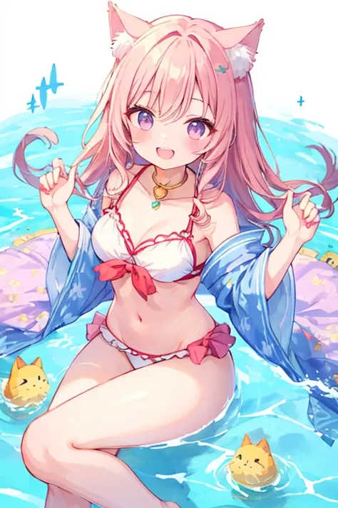 Beautiful illustrations, highest quality, pretty girl,beautiful girl、Clear Face、 Half-Japanese girl、pastel colour 、blush、Perfect hands、Thighs、(Perfect Face:1.1), smile、Cat ear、Gah、Double teeth、Swimwear