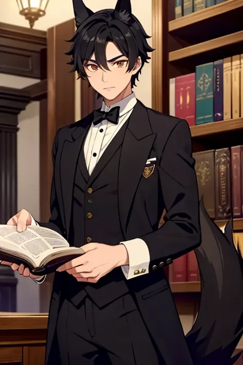 A black haired male student with golden eyes and black fox ears and a black fox tail in a Victorian suit is picking out a spell book in the library