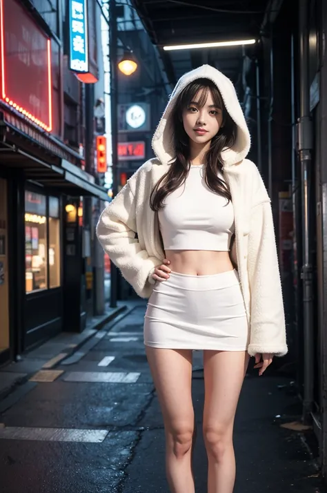 (RAW photos, best quality, masterpiece:1.2), (Practical, photo-Practical:1.4),(masterpiece:1.4),(best quality:1.4), ((Cyberpunk Girl)), ,Short white shirt，(open hooded fur coat，Red miniskirt)，((dynamic poses)), (((Cyberpunk city street background))), Hair ...