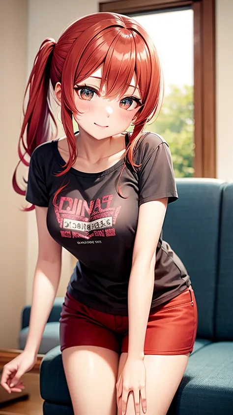 ore no imouto ga konna ni kawaii wake ga nai, 25-yers-old girl with crimson red hair- pulled up into twin ponytails, medium breasts, anime T-shirt, shorts, living room background 