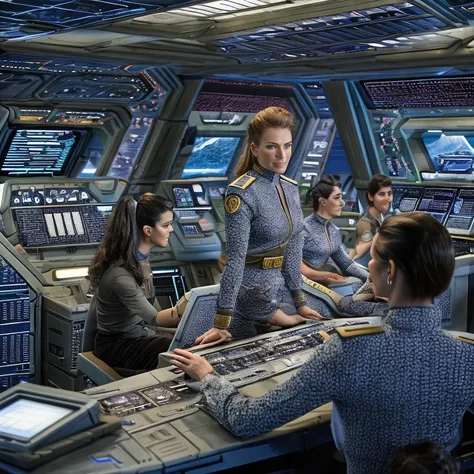 Female starship Enterprise captain stands on the Enterprise bridge and commands her starship crew, in the background large window with another starship firing on the Enterprise, short captain uniform dress. Boots belt with weapon, computer consoles, screen...