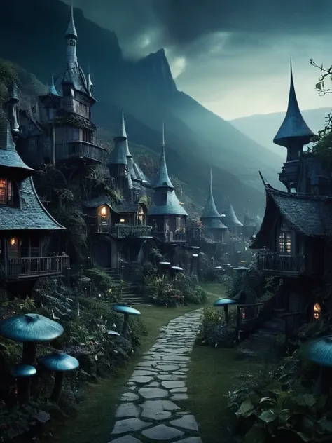 dreamscape a Surreal dreamscape of a dark scifi fairy village, filled with Mysterious mystery amidst fantastical elements that captivate viewers in an enchanting manner. 
Surreal, Mysterious, dream-like, Mysterious, Fantasy, Very detailed,