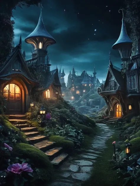 dreamscape a Surreal dreamscape of a dark scifi fairy village, filled with Mysterious mystery amidst fantastical elements that captivate viewers in an enchanting manner. 
Surreal, Mysterious, dream-like, Mysterious, Fantasy, Very detailed,