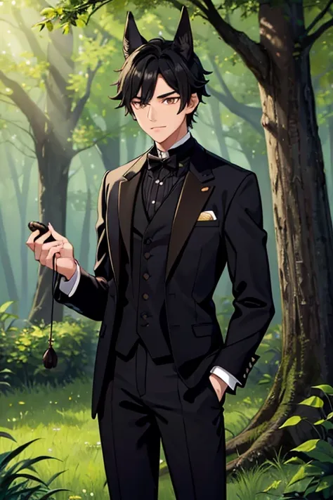 A black haired male student with golden eyes and black fox ears and a black fox tail in a Victorian suit is  picking mushrooms in the forest