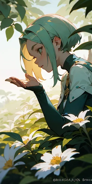 (obra de arte, melhor qualidade),1 garota com longos cabelos brancos sentada em um campo de plantas e flores verdes, the hand under his chin, warm lighting, vestido branco, primeiro plano desfocado