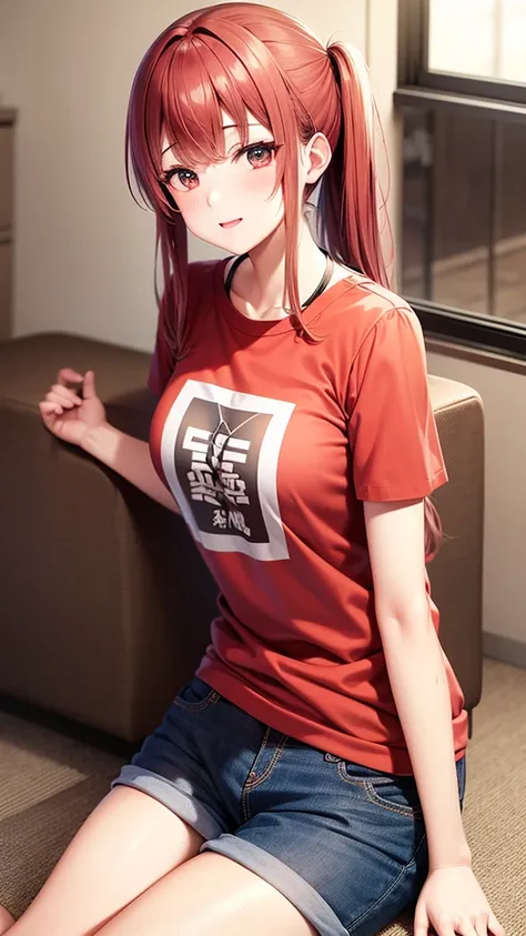 ore no imouto ga konna ni kawaii wake ga nai, 25-yers-old girl with crimson red hair- pulled up into twin ponytails, medium breasts, anime T-shirt, shorts, living room background sitting on couch 