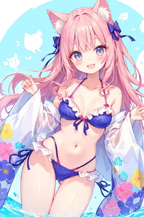 Beautiful illustrations, highest quality, pretty girl,beautiful girl、Clear Face、 Half-Japanese girl、pastel colour 、blush、Perfect hands、Thighs、(Perfect Face:1.1), smile、Cat ear、Gah、Swimwear、bikini