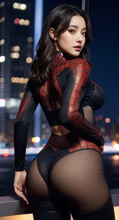 dark night background, sticking out butt, back curvy ass, Wearing a Spiderman see-through suit that reveals her body, See-through material suit, no anime, Full body visible without cutting