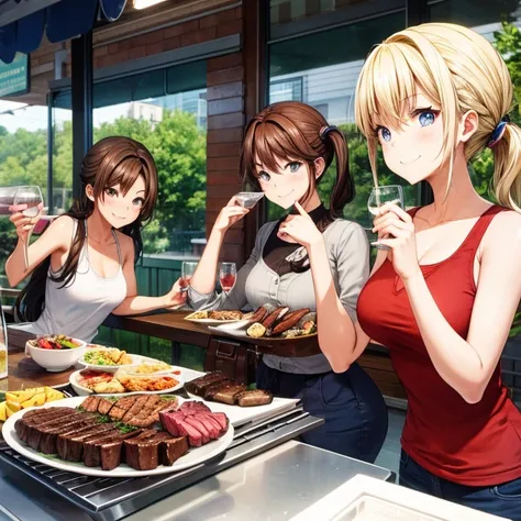 American woman grilling steak　American female friends drinking wine at the counter　Tight clothing