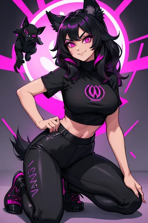 female, black long hair with magenta highlights, silver eyes, black wolf ears, black wolf tail (((1girl))), (((black turtleneck short sleeve t-shirt))), (black pants with magenta trim), (black shoes), (magenta cropped tracksuit jacket), cute and sexy, full...