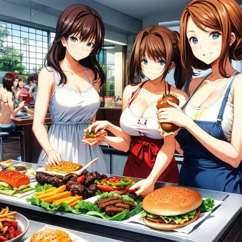 American woman preparing burgers in a burger and hot dog shop　Female friends eating potatoes