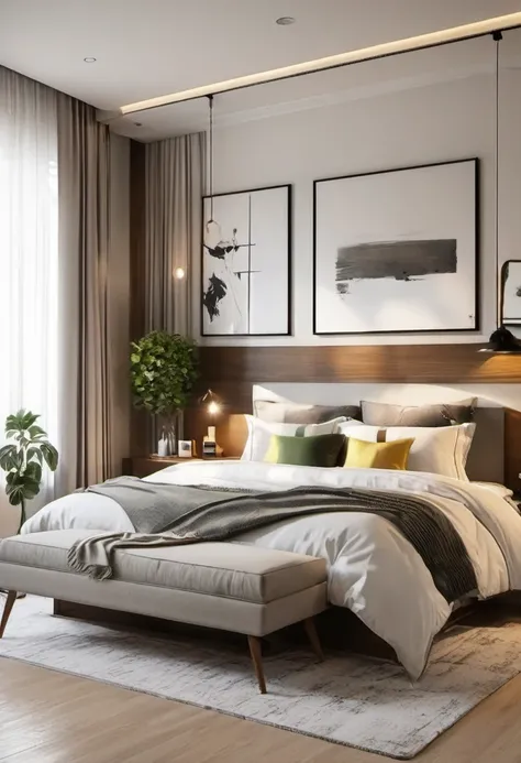 Beautiful minimalist American style private bedroom, tidy and well decorated ultra realistic 