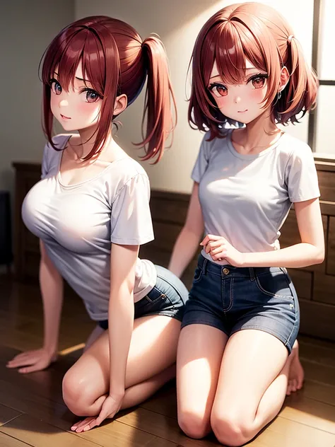 1_girl, solo, ore no imouto ga konna ni kawaii wake ga nai, 25-yers-old girl with crimson red hair- pulled up into twin ponytails, medium breasts, anime T-shirt, shorts, living room background, kneeling 