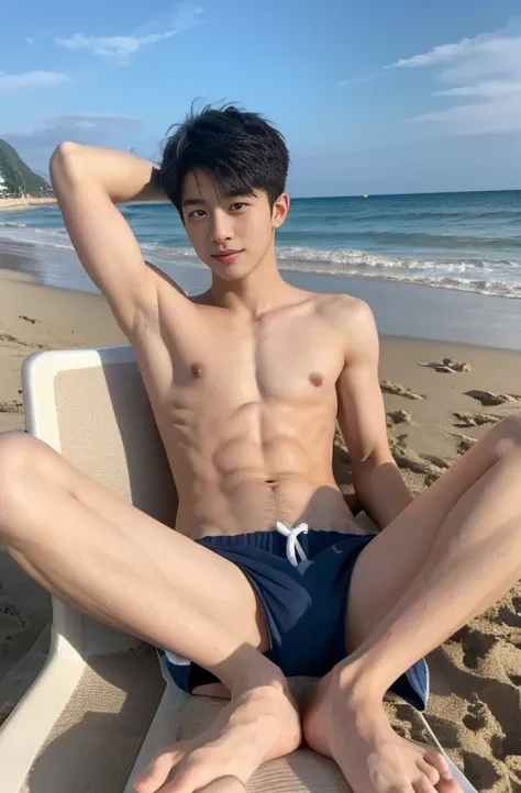 Beautiful boy、Shirtless Boy、Sandy Beach、Cute Boys、20-year-old、japanese boy、Shorts、Thin、Spread your legs、sit、