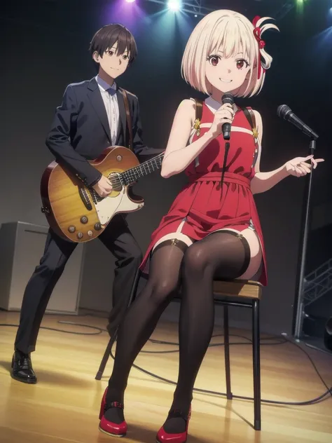 (((Pixel Perfect, Perfect detail))), (alone, 1 girl), Chisato Nishiki, Looking at the audience, (Concert, stage, singing), sitting chair, smile, full Body