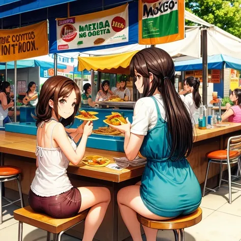 Mexican woman cooking tacos and tortillas at a Mexican food stall　A female friend wearing shorts is sitting at the counter drinking a Corona beer.　Nachos are on the table.