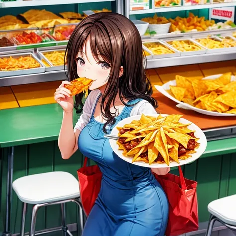 Mexican woman eating nachos at a Mexican food stall　