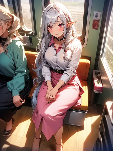 An elf woman, very dark tanned skin, beautiful silver hair, pointed ears, beautiful red eyes, pink lips, traveling, on the train, sitting on the train seat, train window, the view from the train window. Look, smile, neat clothes, long skirt