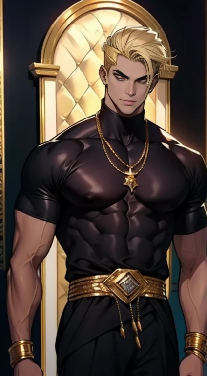 homem de pele escura, Olhos roxos brilhantes, poderoso, cabelo preto encaracolado, macho, estilo anime, Imagem 4K, olhando pra cima, epic, cinematic, ground level sQuente, Quente,  fundo da sala do trono de cristal, wearing gold jewelry, wearing bright and...