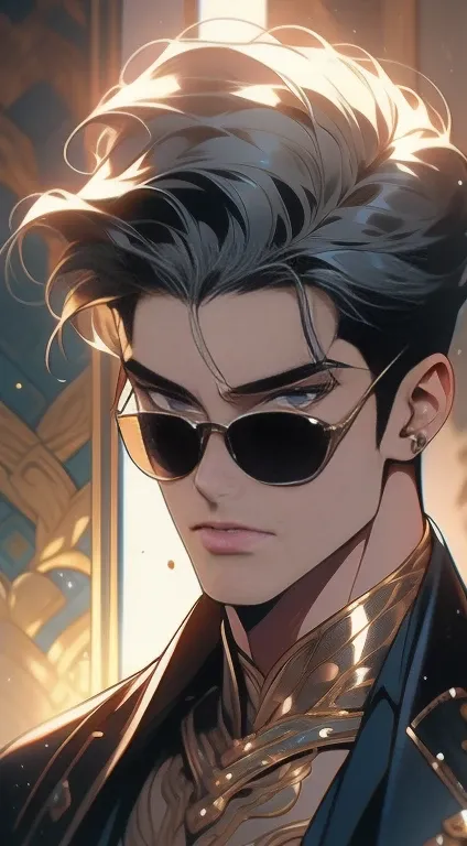 homem de pele escura, Olhos roxos brilhantes, poderoso, cabelo preto encaracolado, macho, estilo anime, Imagem 4K, olhando pra cima, epic, cinematic, ground level sQuente, Quente,  fundo da sala do trono de cristal, wearing gold jewelry, wearing bright and...