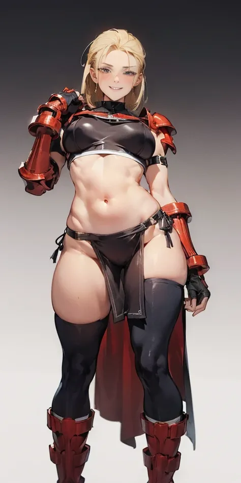 ((Plain background 1:2)) (Cammy White Street Fighter 6) Female full body standing straight symmetrical, (breastplate, choker, bracers, handcuffs, shackles, rerebrace, armored, high boots bootstraps, shoulder armor, faulds, poleyn, gloves, gauntlets), lustf...