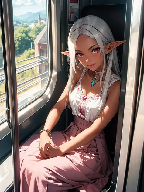 An elf woman, very dark tanned skin, beautiful silver hair, pointed ears, beautiful red eyes, pink lips, traveling, on the train, sitting on the train seat, train window, the view from the train window. Look, smile, neat clothes, long skirt