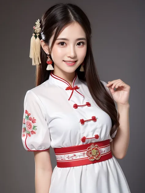 (High resolution photos, bust, 1 girl, 28 years old, woman, Facial details, Baby fat, Waist Accessories, Hand in hand, smile, Teeth are not very visible, White skin, Upper Body, Chinese traditional clothing, Model pose, Studio Lighting)