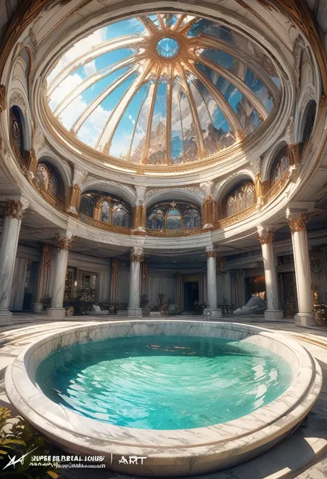 Ultra-Real 8K, Super detailed, ((no man)), (Hyper Detail, Dynamic Camera), (Wide-angle), (Vivid colors and saturation), (Trending on Artstation),anime style, Big bath, marble, Western style, Luxury House