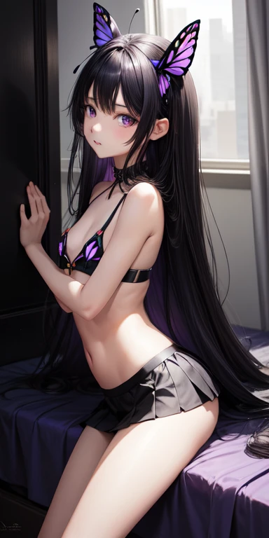 realistic, 1girl, flat chest, black long hair, purples eyes, butterfly hairpin, short skirt, bedroom, shy