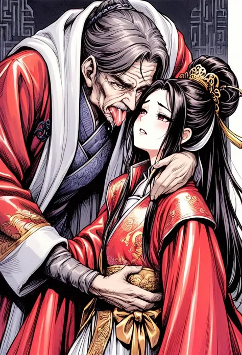 ancient China　A beautiful young princess with a royal hairstyle from the dynasty　Wearing a super shiny red raincoat and long sleeves Chinese clothing　She is moaning as an old man licks her crotch.　