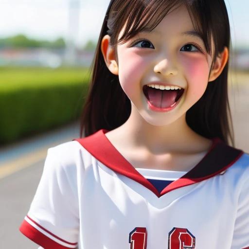 Japanese,10 years old,,summer,Cheerleader,Tight uniform,mini skirt,whole body,Look up,Please open your mouth wide,Sticking out tongue,cute,