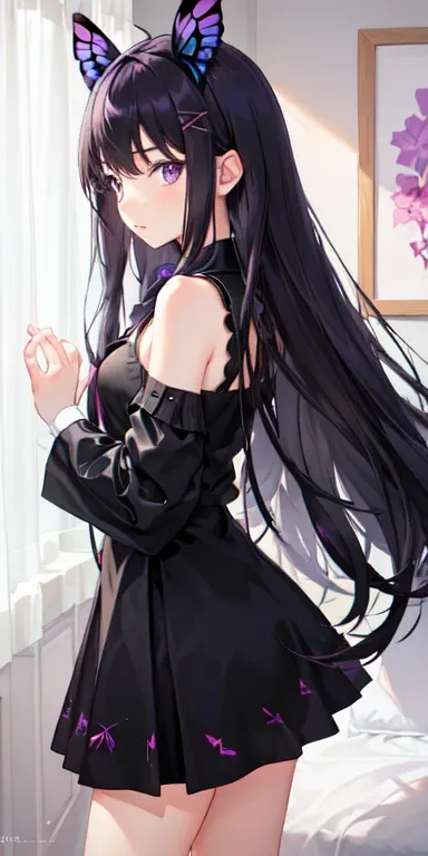 1Girl, shy, bedroom, black long hair, flat chest, butterfly hairpin, purple eyes, short skirt