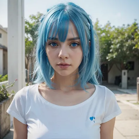 wearing cute tshirt in white and only white color, portrait, beautiful face, ((see blue hair)), beautiful eyes, open eyes, hyper realistic, realistic texture, natural lighting, unreal engine, trend in artstation, cinestill 800