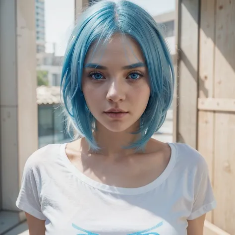 wearing cute tshirt in white and only white color, portrait, beautiful face, ((see blue hair)), beautiful eyes, open eyes, hyper realistic, realistic texture, natural lighting, unreal engine, trend in artstation, cinestill 800