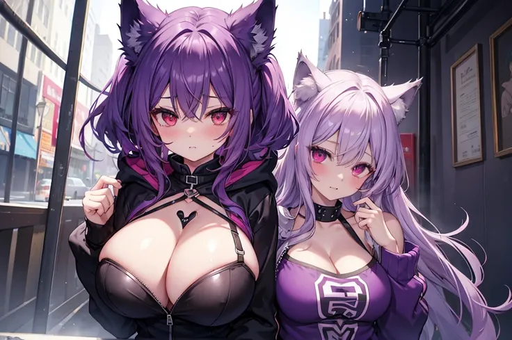 Wolf Woman, Big Breasts, Voluminous purple hair, masterpiece , Red eyes、Double teeth、tooth、Blushed cheeks、 hd, Head to Chest, buried in my chest、Underbust、Cleavage、hoodie、hot pants