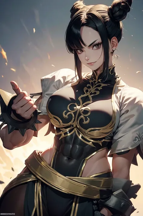 fitness,mulher jovem,short black hair , badass , full ancient armor,coxas torneadas,Evil Smile,juri han,chifres de cabelo,detalhes do corpo,low yellow lighting,raios de luz
