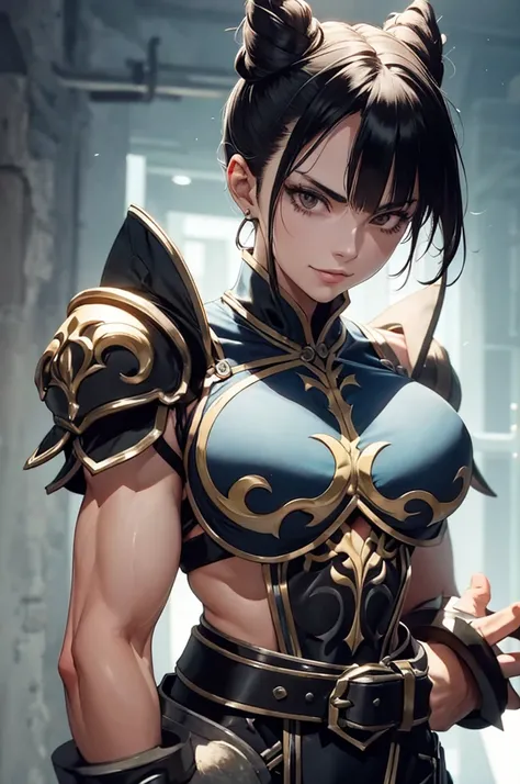 fitness,mulher jovem,short black hair , badass , full ancient armor,coxas torneadas,Evil Smile,juri han,chifres de cabelo,detalhes do corpo,low yellow lighting,raios de luz
