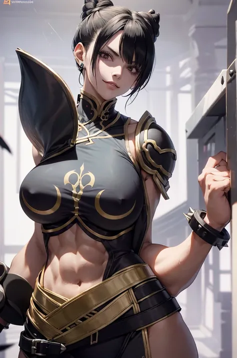 fitness,mulher jovem,short black hair , badass , full ancient armor,coxas torneadas,Evil Smile,juri han,chifres de cabelo,detalhes do corpo,low yellow lighting,raios de luz
