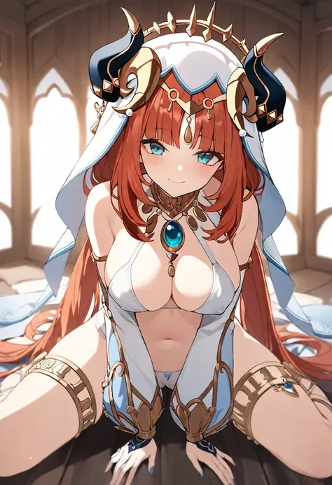 genshin_impact nilou_(genshin_impact) highres 1girl bare_shoulders between_legs bikini blue_eyes blue_gemstone blurry blurry_background breasts brooch cameltoe circlet cleavage closed_mouth covered_nipples depth_of_field detached_sleeves fake_horns gem hal...