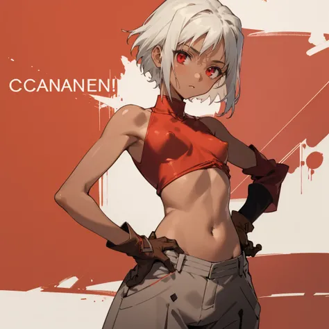 ((highest quality)), ((masterpiece)), (Familiar), Canaan, 1 girl, alone, Silver Hair,Brown Skin,Red eyes,Long trousers,Red sleeveless,Clothes with a visible back, thin,thin,short hair,Small breasts, Erect nipples,  No bra, gloves, Hands on hips